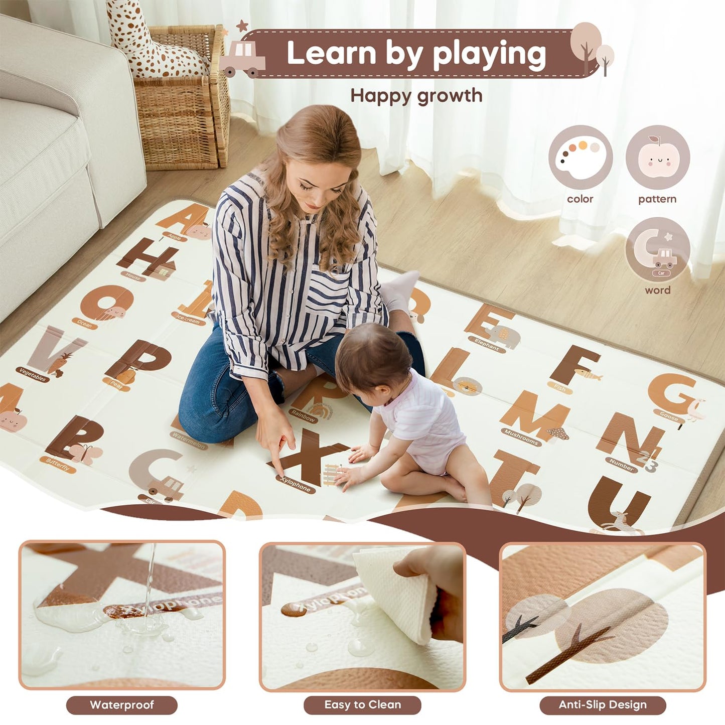 Foldable Baby Play Mat, 65" X 50" Waterproof Double-Sided Cushioned Activity Play Mat, Soft Lightweight Foam Playmat with Fold-Up Sides, Non Slip Crawling & Playing for Infants and Toddler, Alphabet