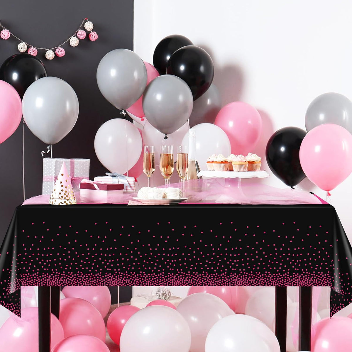 3Pcs Black Hot Pink Tablecloth Party Decorations,Plastic Black Table Cloth Printed Hot Pink Table Runner Disposable Rectangle Cover for Birthday Wedding Anniversary Graduation Party,54x108 Inch