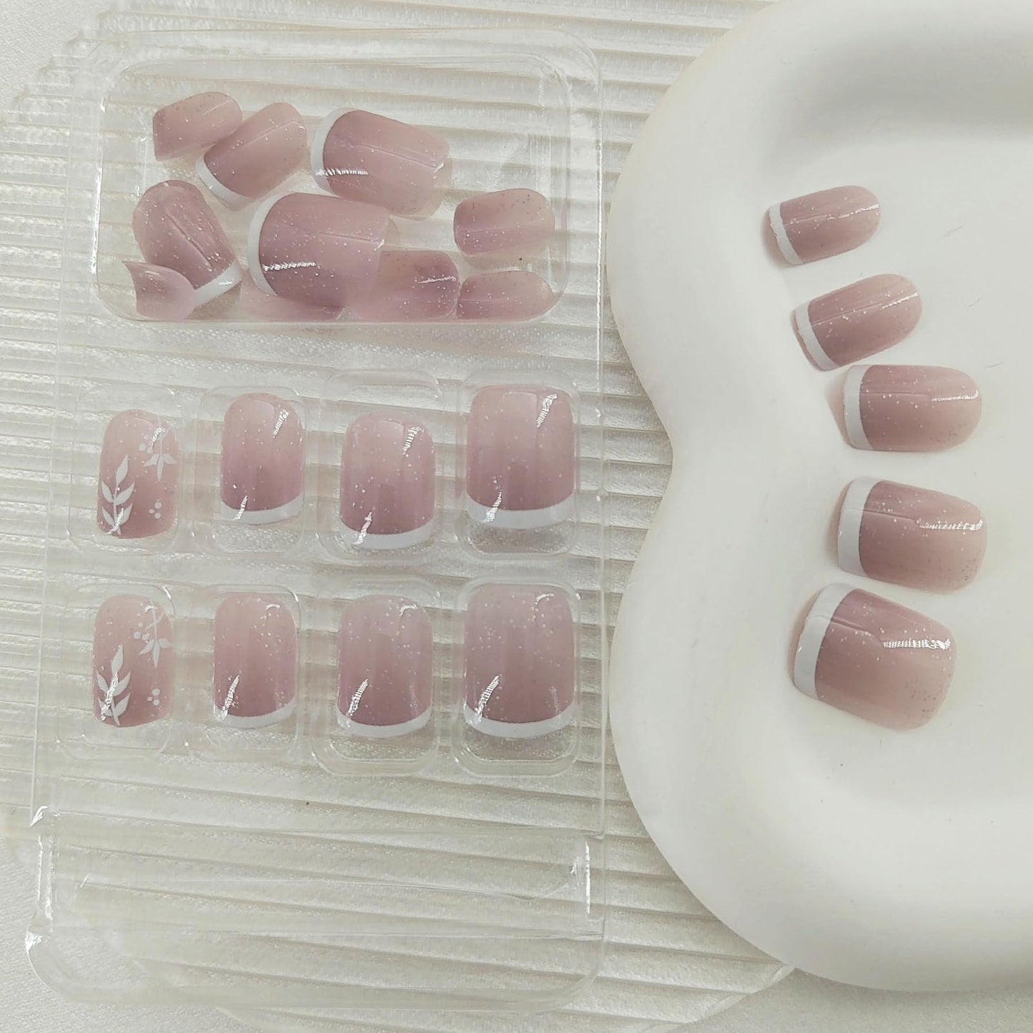 Press on Nails Short Square White French Tip Fake Nails Press ons with Glitter Leaves Designs Acrylic Nails Glossy Glue on Nails Light Purple Full Cover Stick on Nails for Women 24 Pcs