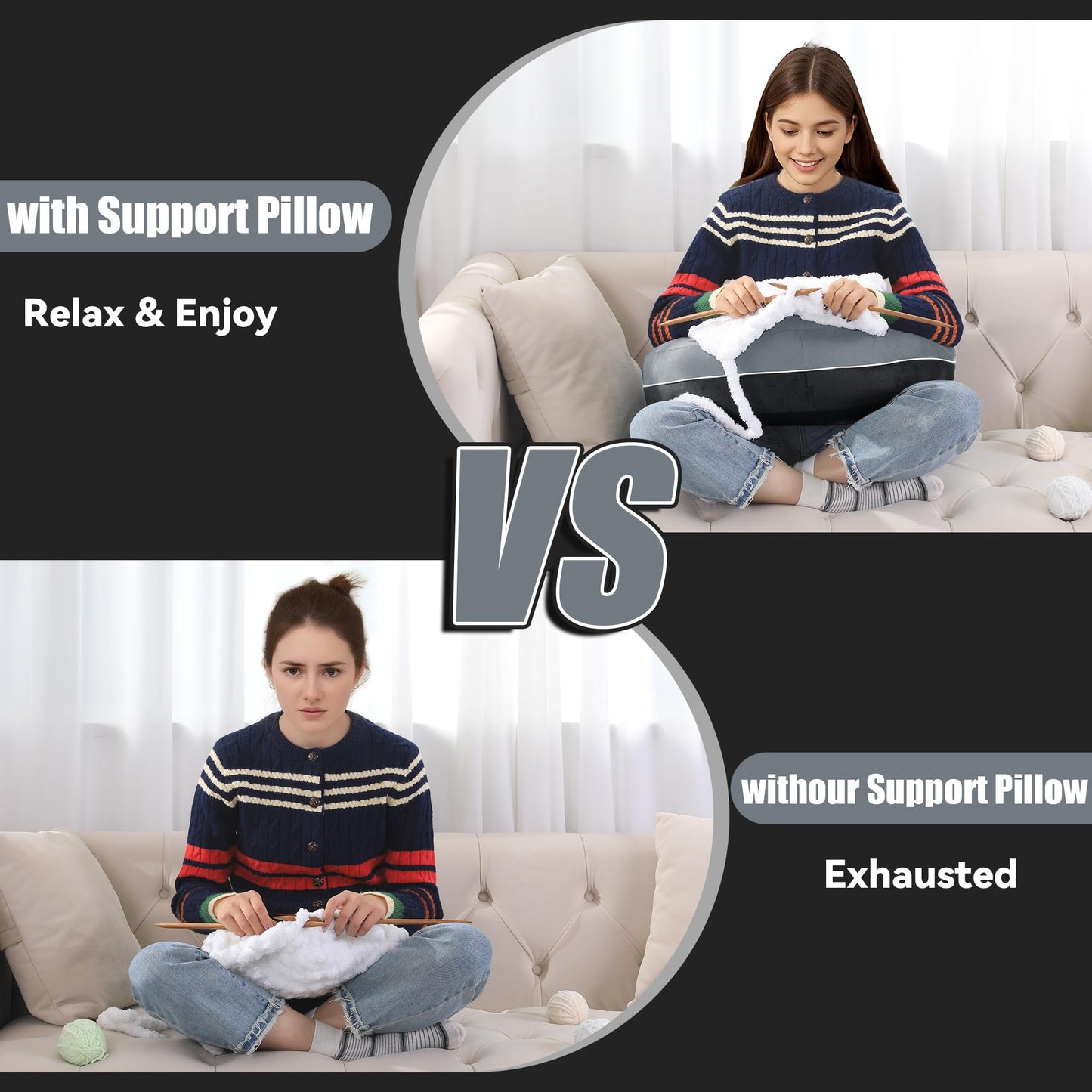 HOMBYS Crochet Pillow for Lap Support,Gaming Pillow for Lap,Lap Pillow for Reading & Crocheting,Soft Lap Desk Pillow,Reading Pillow,Crochet Pillow for Lap Support,Arm Pillows for Adults,Black/Grey