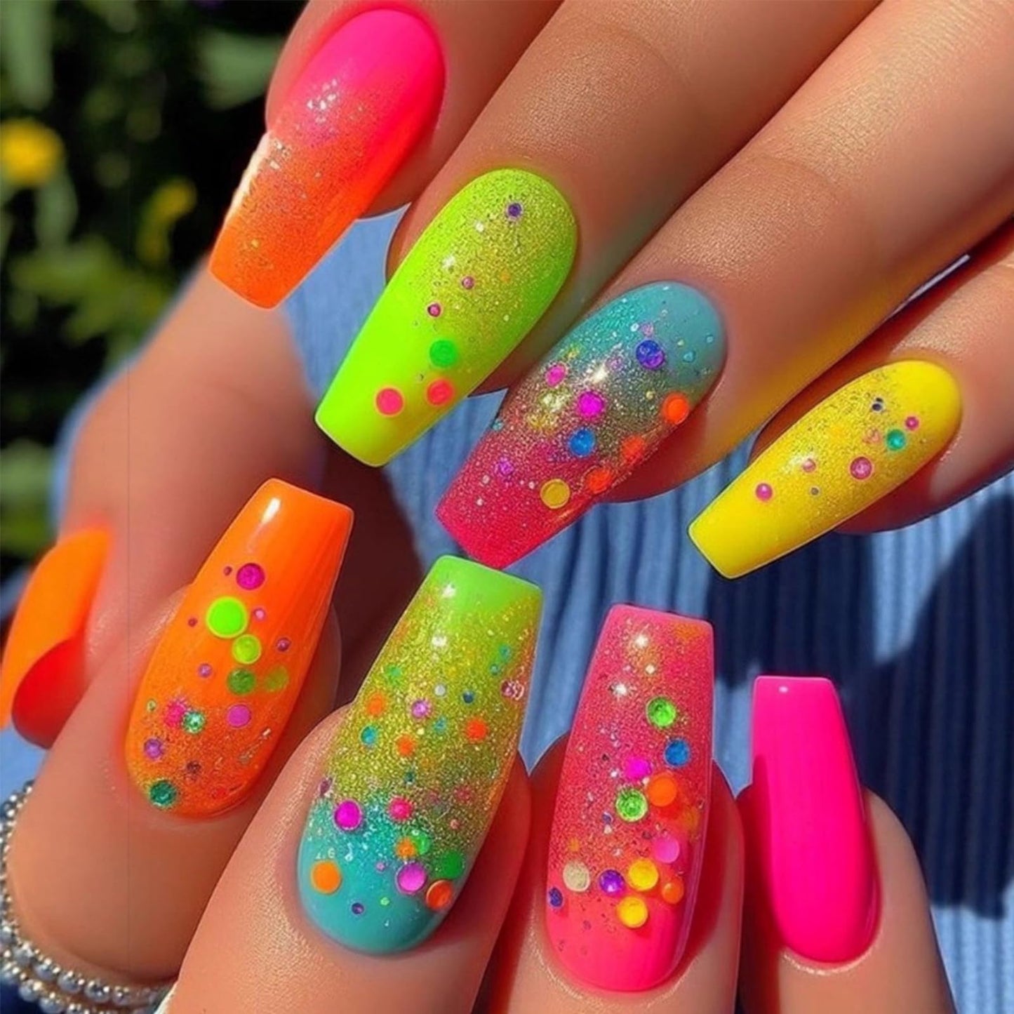 Summer Press on Nails Medium Coffin Fake Nails Gradient Colorful Polka Dot Press on False Nails Rainbow Glossy Full Cover Stick on Nail Reusable Artificial Glue on Nail for Women 24Pcs