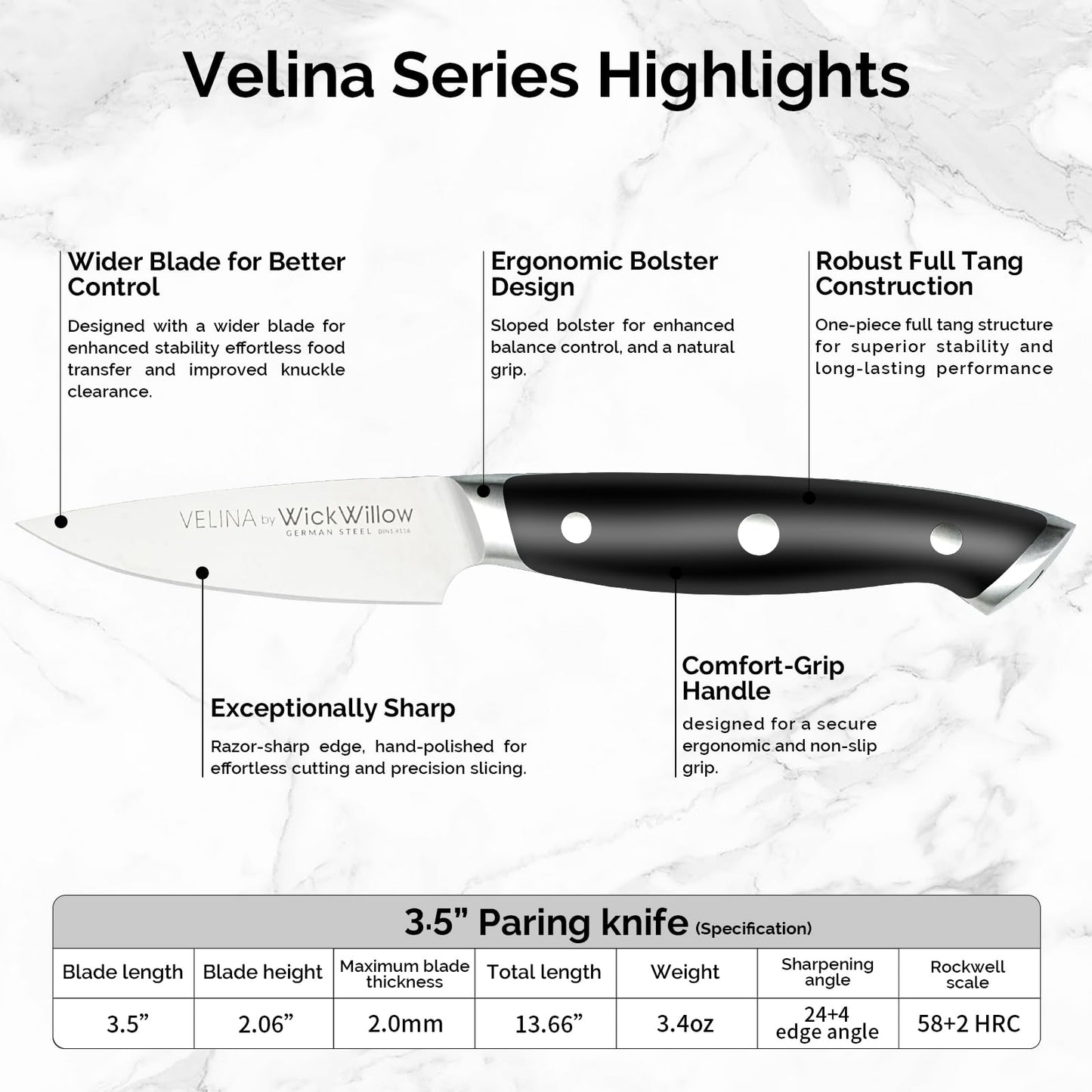 WICKWILLOW 3.5" Paring Knife – Razor Sharp German Steel – Small Kitchen Knife for Peeling, Trimming & Precision Work – Full Tang & Ergonomic Handle – Gift Box – Velina Series