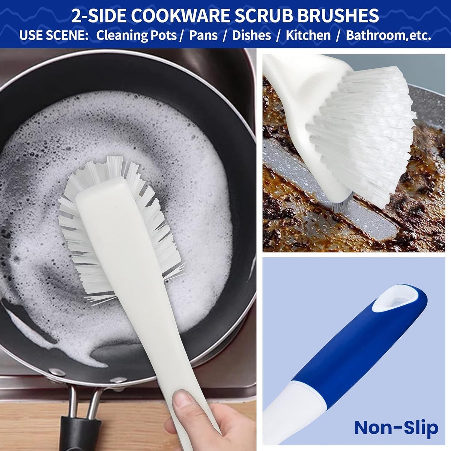 CELOX Kitchen Scrub Brush Set with Ergonomic Handle, Deep Cleaning Brushes, Include Dish Brush (Blue White)
