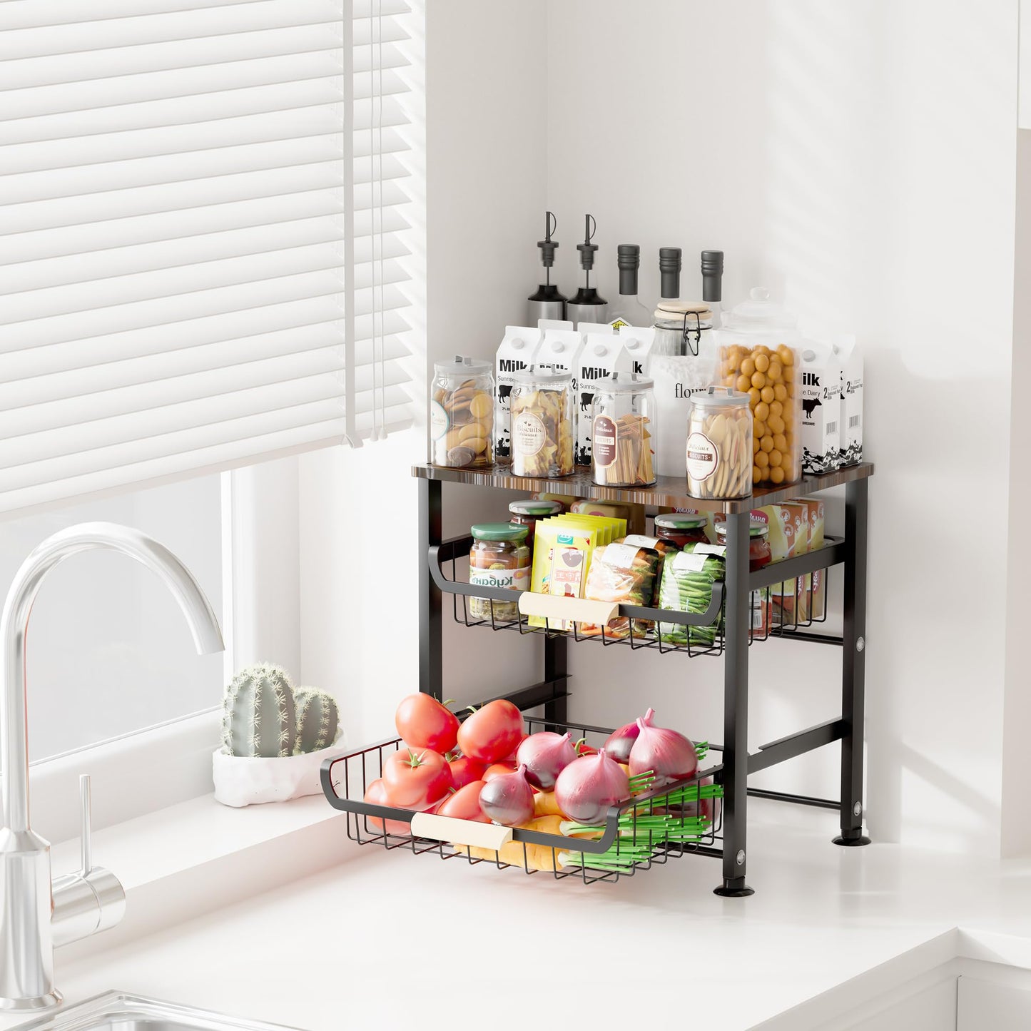 Uninol Fruit Vegetable Basket for Kitchen,3 Tier Pantry Organizers and Storage,Snack Organizer for Countertop,Pantry Cart,Metal Wire Storage Shelf Organizer Baskets for Kitchen, Pantry, Bathroom