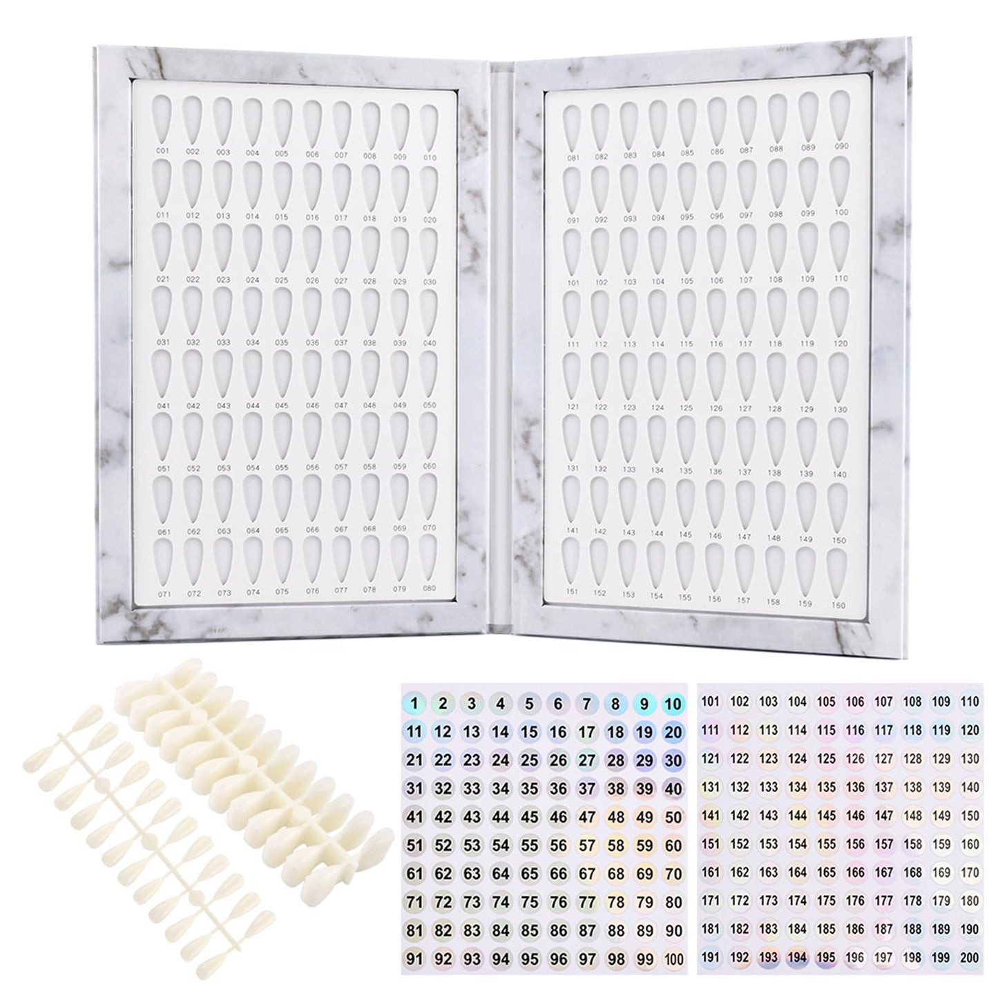 Rivonthex 160 Nail Color Display Book with 240 Nail Tips & Number Stickers (1-200) - Professional Color Swatches Book Display Chart