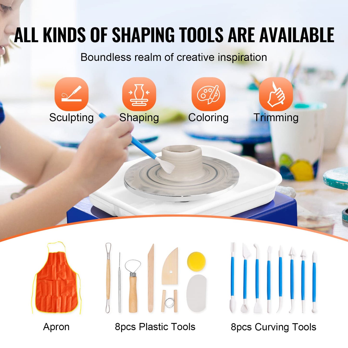 VEVOR Mini Pottery Wheel for Kids and Beginners, Complete Pottery Kit with 2 Turntables 2.6in/3.9in and 17 Accessories Tools, 0-300RPM Speed Adjustable, Craft Christmas Gifts for Kids Teens Adults