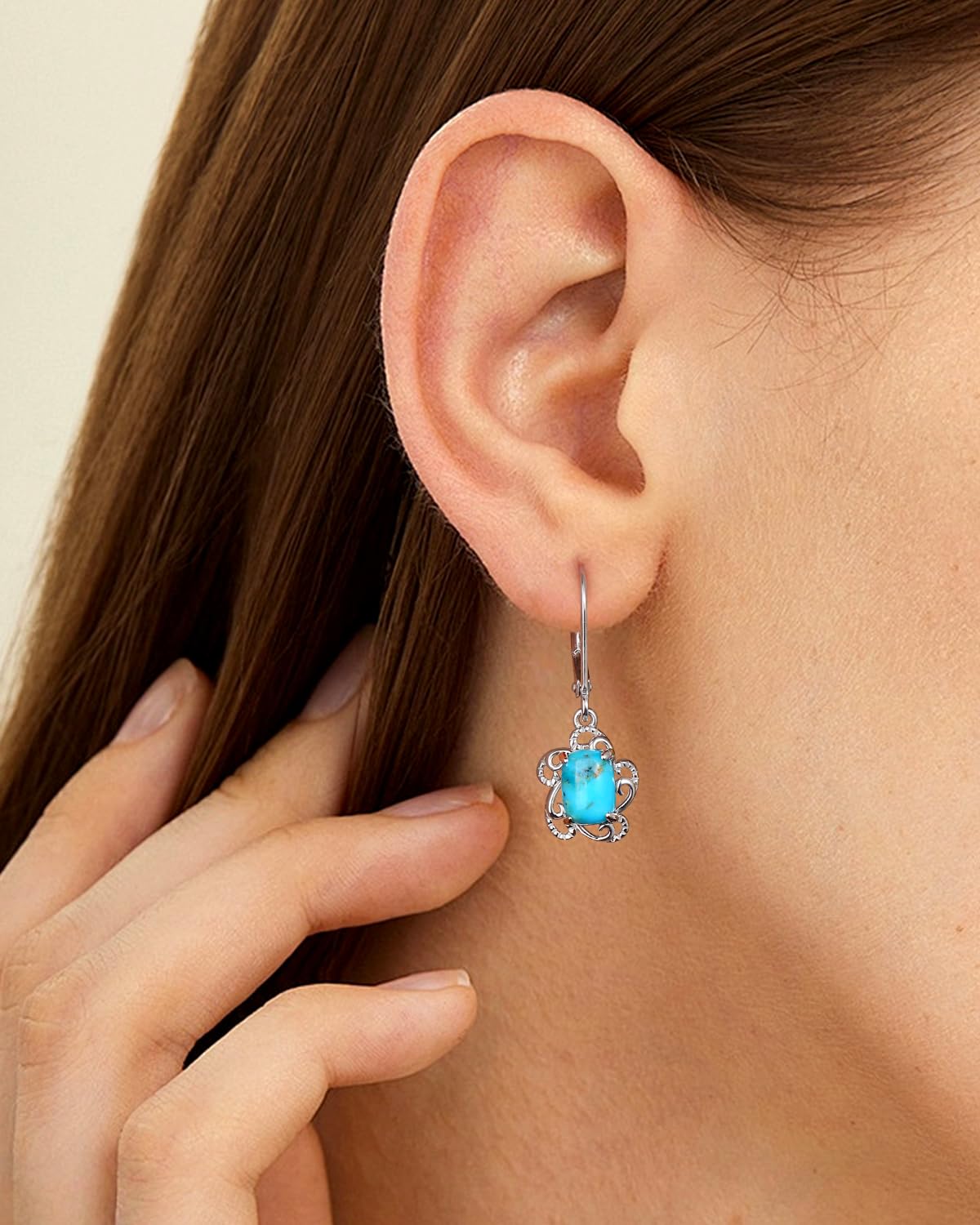 AIBAO Turquoise Earrings for Women Sterling Silver Blue Gemstone Flower Drop Earrings Native American Jewelry Bohemian Western Turquoise Dangle Earrings