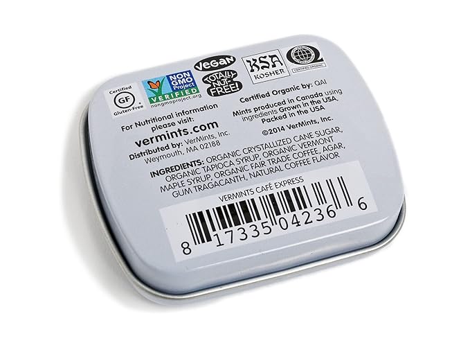 VerMints Organic Breath Mints Café Express - Real Ingredients, Lasting Coffee Flavor - Travel Size Tins - Non-GMO, Nut Free, Gluten Free, Vegan & Kosher Coffee Candy - .63oz/18g (Pack of 12)
