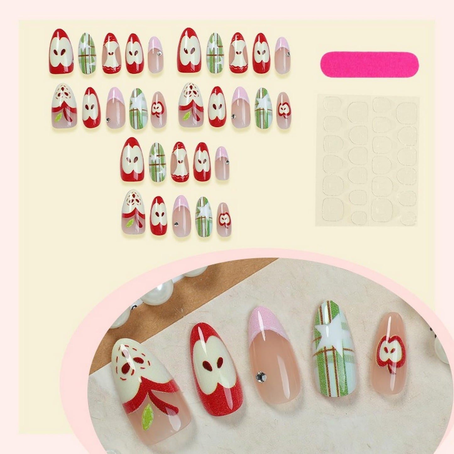 Medium Almond Press on Nails SWEKKE Pink French Tip Fake Nails Cute False Nails with Apple Stars Plaid Designs Funny Glossy Glue on Nails Stick on Nails for Women Girls 24Pcs
