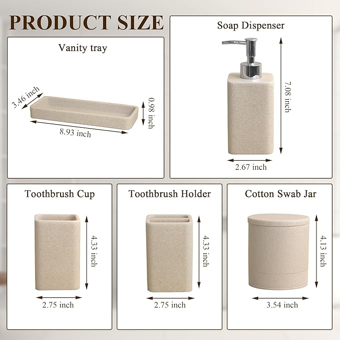 Bathroom Accessories Set, 6 Piece Bathroom Set with Toothbrush Holders, Soap Dispenser, Vanity Tray, Tumbler, Cotton Swab Jars, Bathroom Organizer，Bathroom Sink Sets, Stone Beige