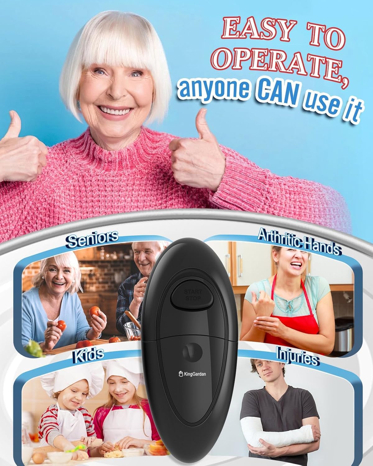 Electric Can Opener, One-Touch Automatic Hands Free Can Opener with Smooth Edge, Battery Operated, Safe & Easy for Seniors with Arthritis, Kitchen, Left-Handed & Weak Hands (Black)