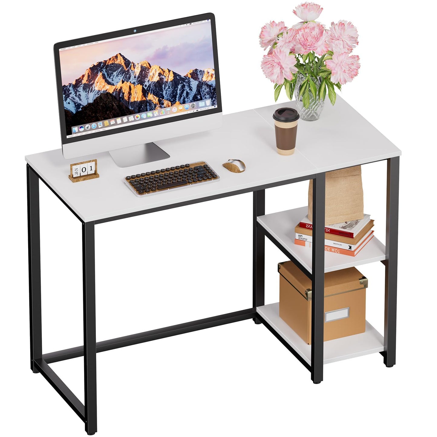 SINPAID 40 Inch Small Computer Desk with Shelves for Small Spaces, Easy Assembly Study Desk, Sturdy Writing Desk for Bedroom & Home Office, Cream White