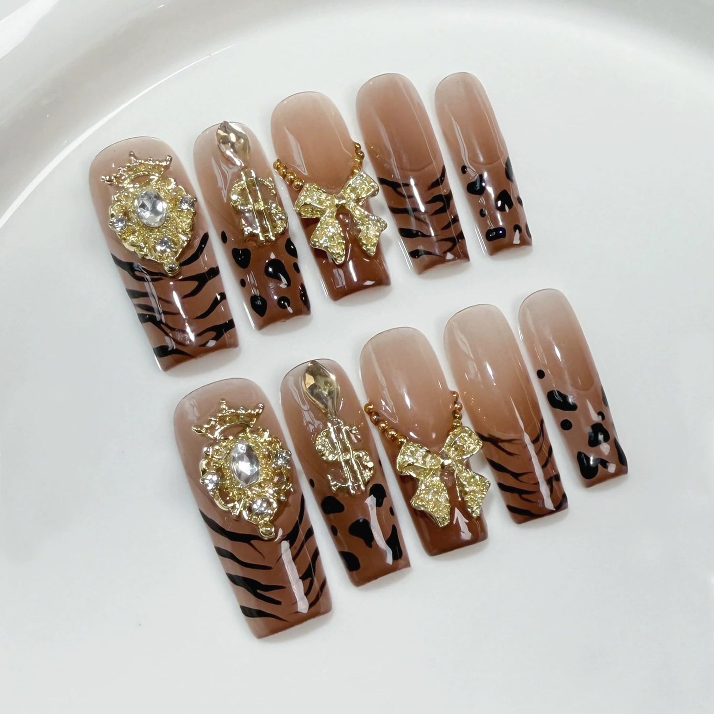 Handmade Press on Nails Long,Xl Square Fake Nails French Tip Leopard False Nails with Glue Charms Bow Design Acrylic Nails Press Ons Sparkly Full Cover Stick on Nail fo Women 10Pcs(Size M)