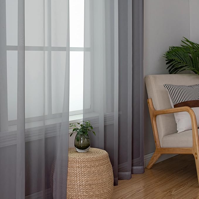 Lecloud Charcoal Grey Sheer Curtains 90 Inches Long 2 Panels, Light Filtering Voile Breathable Curtains, Privacy Solid Window Treatments with Rod Pocket for Bedroom Living Room, Each 42" W x 90" L