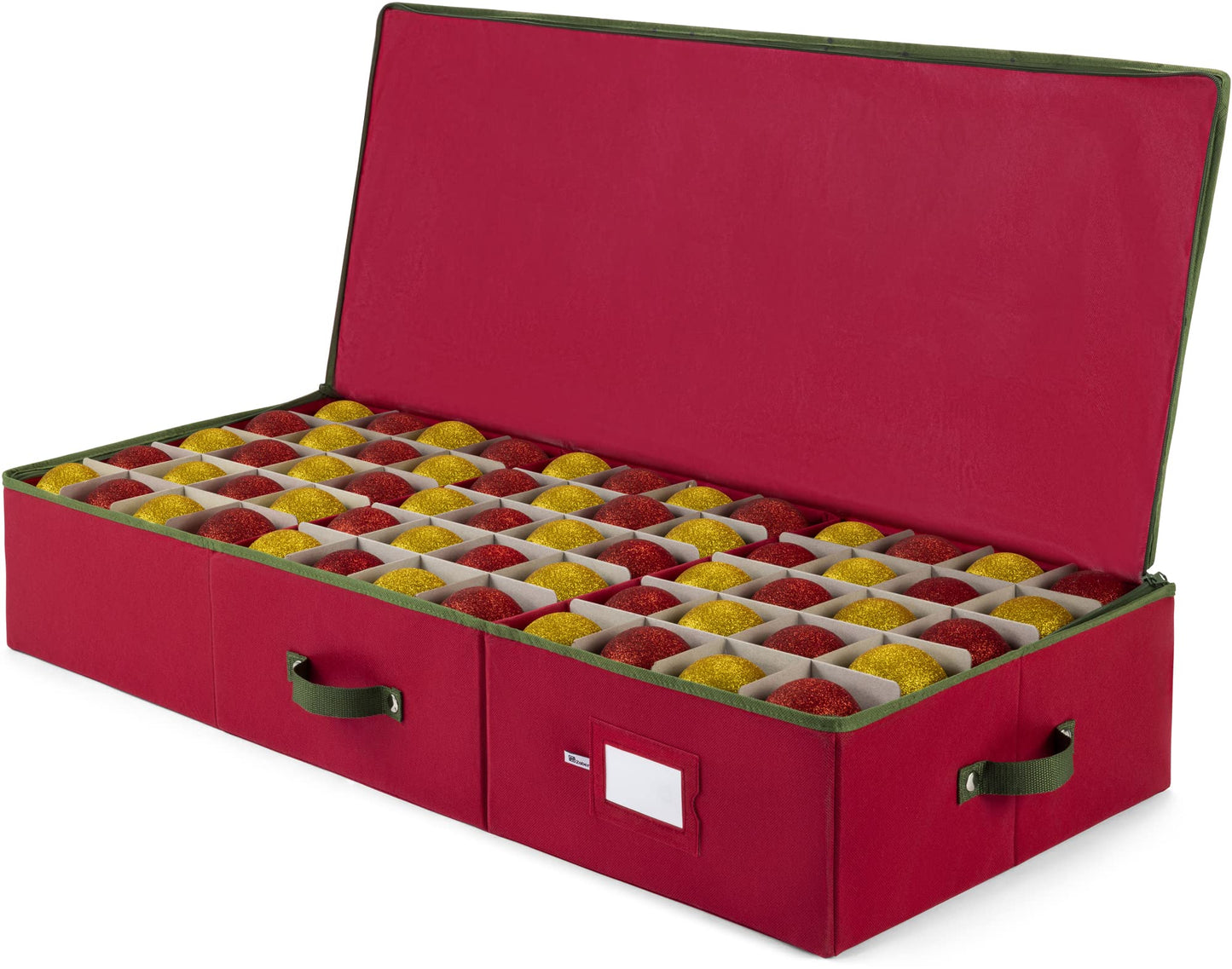ZOBER Underbed Christmas Ornament Storage Box - Stores 120 3" Ornaments, With Dividers - Tear Proof 600D Oxford Fabric, Ornament Organizer Storage Box, Durable Christmas Containers Holder - Red