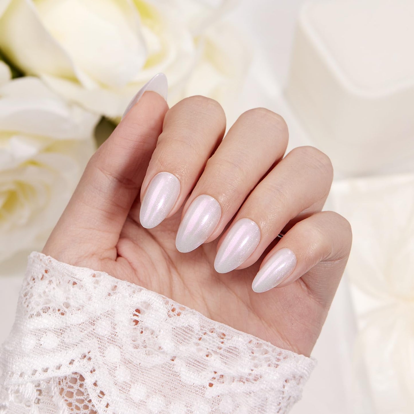 VSALON Press On Nails Short Almond, Shimmer White Opaque Fake Nails & Lamp