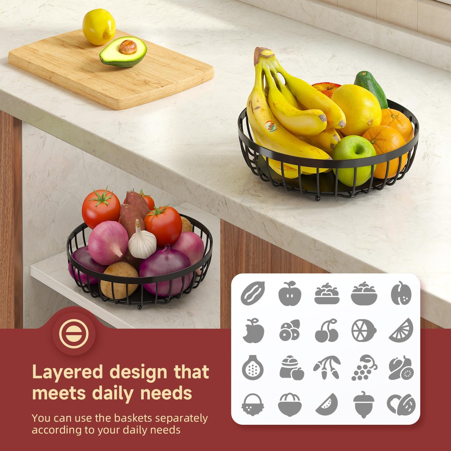Sevenblue 2 Tier Fruit Basket for Kitchen Counter with 2 Banana Hangers, 2026 Pro Detachable Metal Fruit Bowl with Wooden Handle,Fruit Holder for Bread Snack Veggies, Black Extra Large