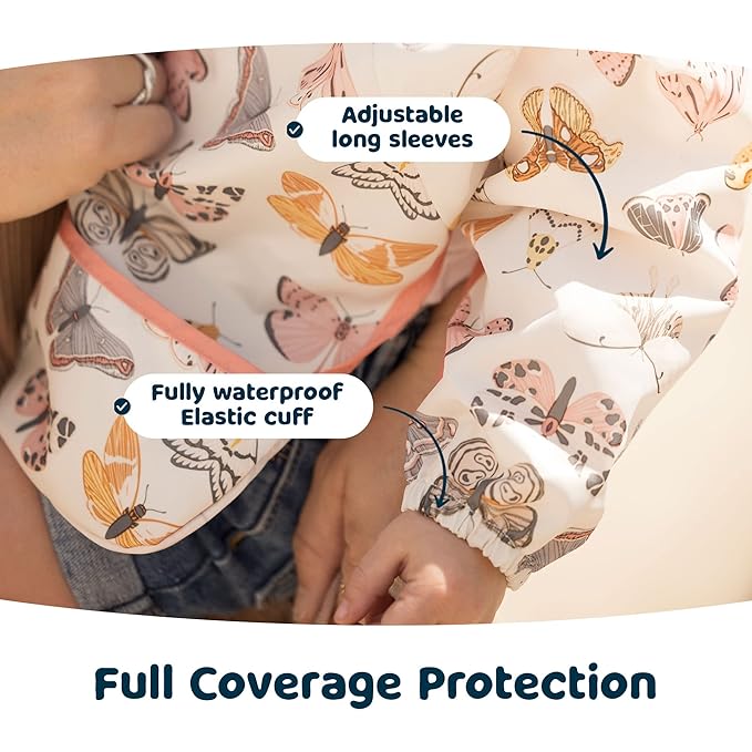 Tiny Twinkle Long Sleeve Bib for Babies & Toddlers – Waterproof Smock Bib for Eating – Machine Washable & Mess-Proof, Baby Feeding Essential & Shower Must-Have(Flutter, 6–24M)
