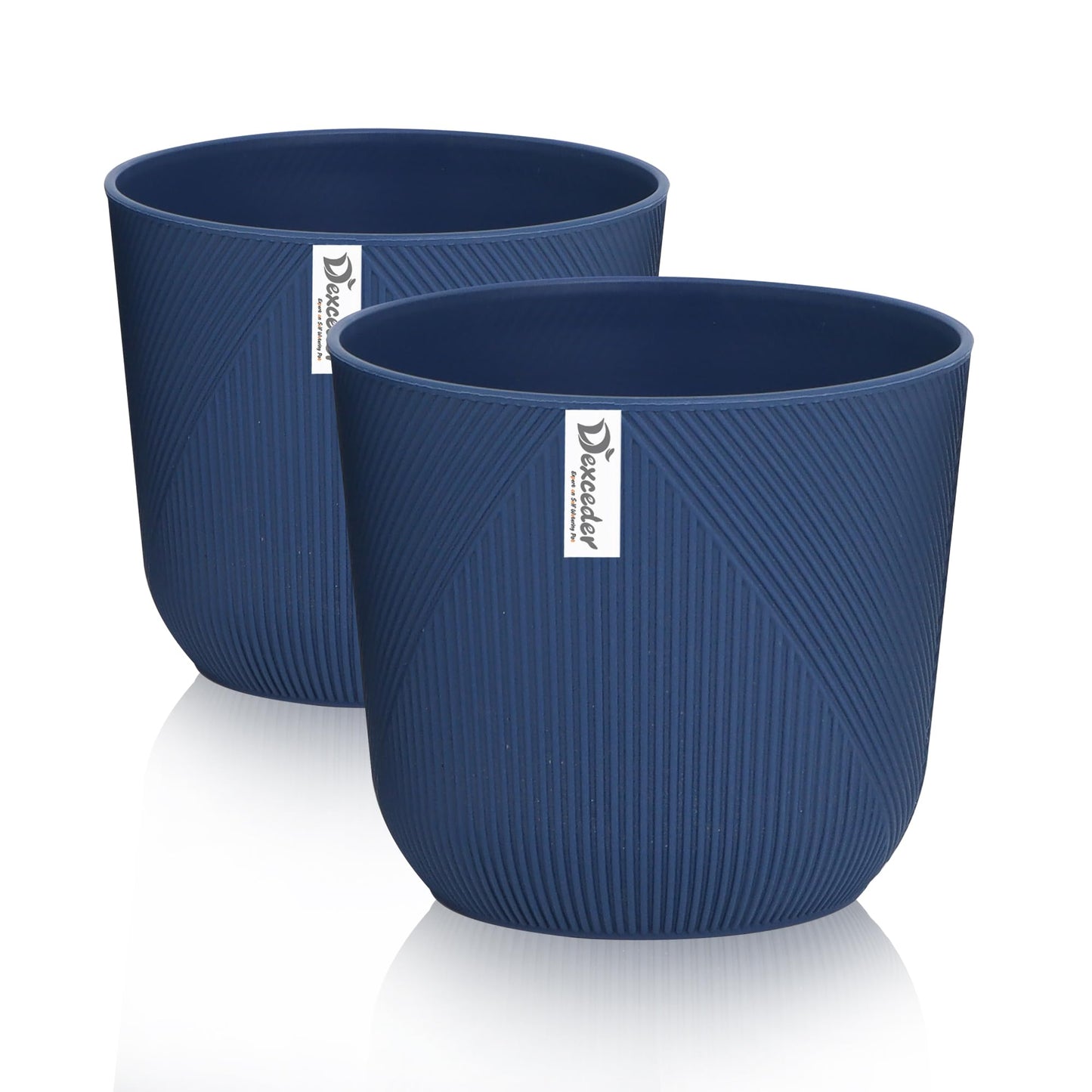 Dexceder 9x8 Striped Table Flower Plant Pot with Drainage Hole & Removable Plug (2 Pack, Deep Blue)