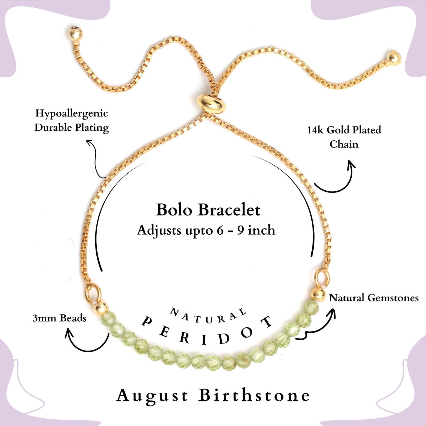 Gempires Birthstone Beaded Bracelet, Green Peridot Bracelets for Women, August Birthstone, Bolo Beads Bracelet Gold Plated Chain (6-9 inch Adjustable Length)