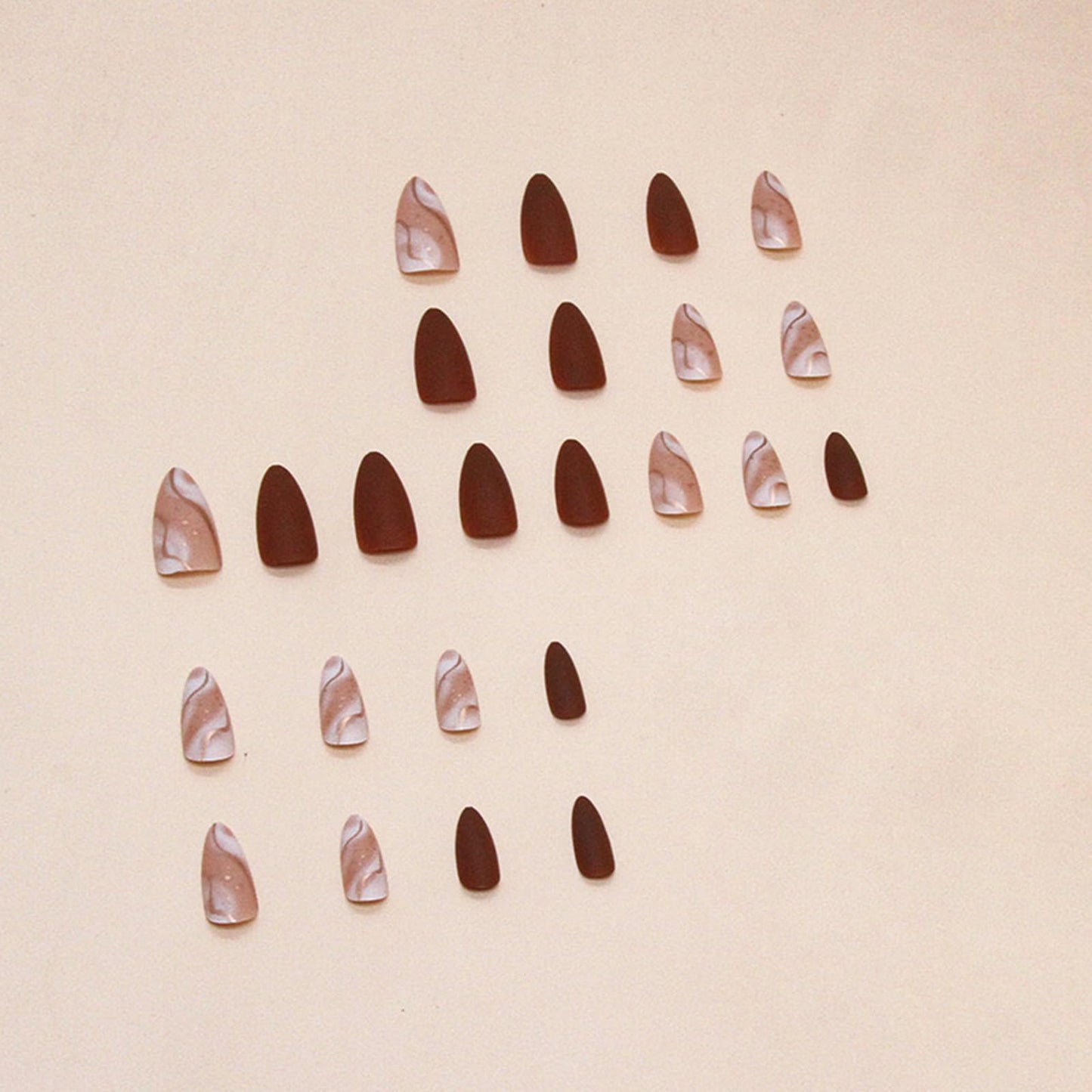 Almond Press On Nails - Marble Design, Glossy Brown, 24 Pcs