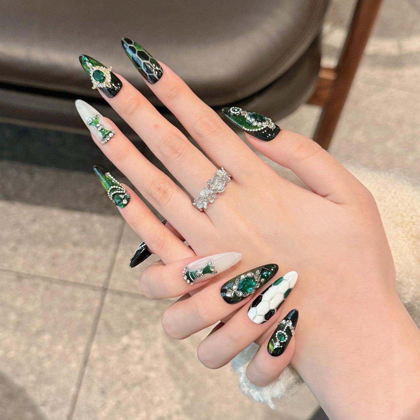 Yacey Luxury Emerald Handmade Press on Nails, Long Almond Reusable False Nails Press Ons, Gemstone Cat Eyes Thick Acrylic Fake Nails, 3D Bling Glue on Nails for Women Girls (10 Pcs, M)