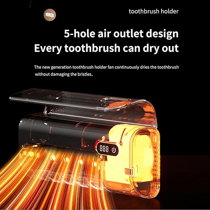 Toothbrush Holder for Bathrooms, Timer Function & 5 Toothbrush Slots Rechargeable Cordless Wall-Mounted Toothbrush Holder with Drying Functions, No Drilling(Black)