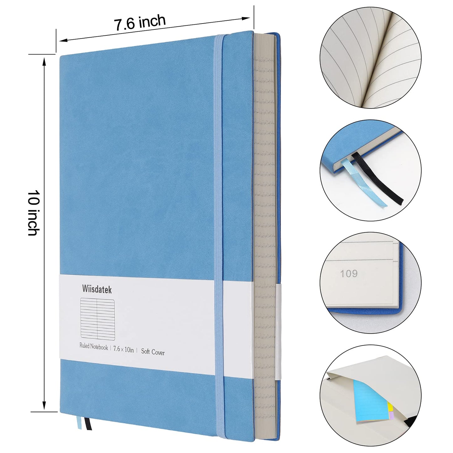 Wiisdatek B5 College Ruled Notebooks - 2 Pack B5 Large Journal Notebooks with 376 Numbered Pages,100gsm Thick Lined Paper,Soft PU Leather Cover,7.6 X 10 inch(BLUE)