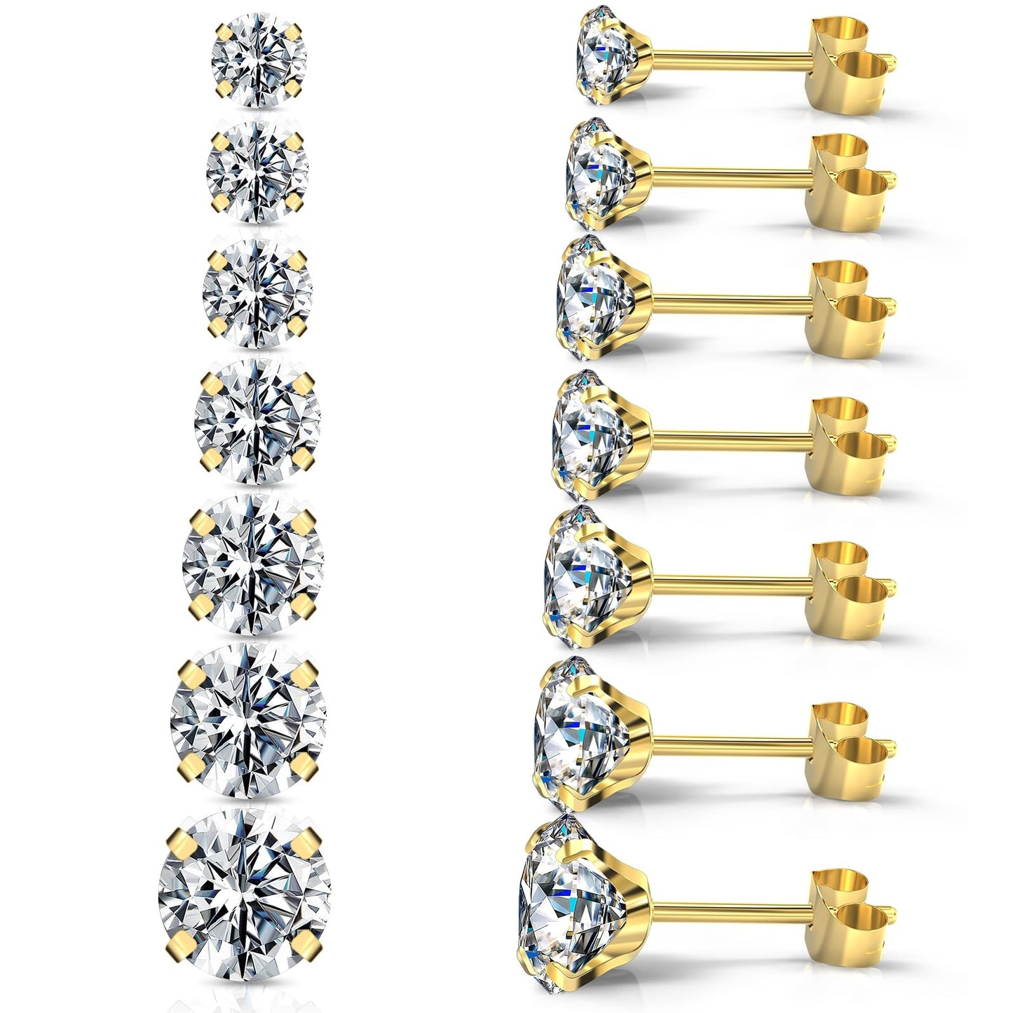 JICHENGEM 7Pairs Hypoallergenic Cubic Zirconia Titanium Stainless Steel Silver Stud Earrings Set