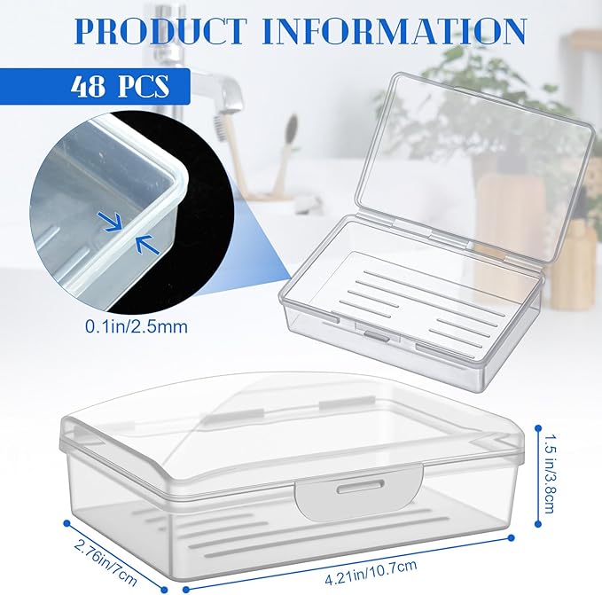 48 Pcs Travel Soap Container Portable Plastic Soap Boxes Bulk with Lid Homeless Donations Bulk Gym Shower Tour Groups Hotel Outdoor Camping (Clear)