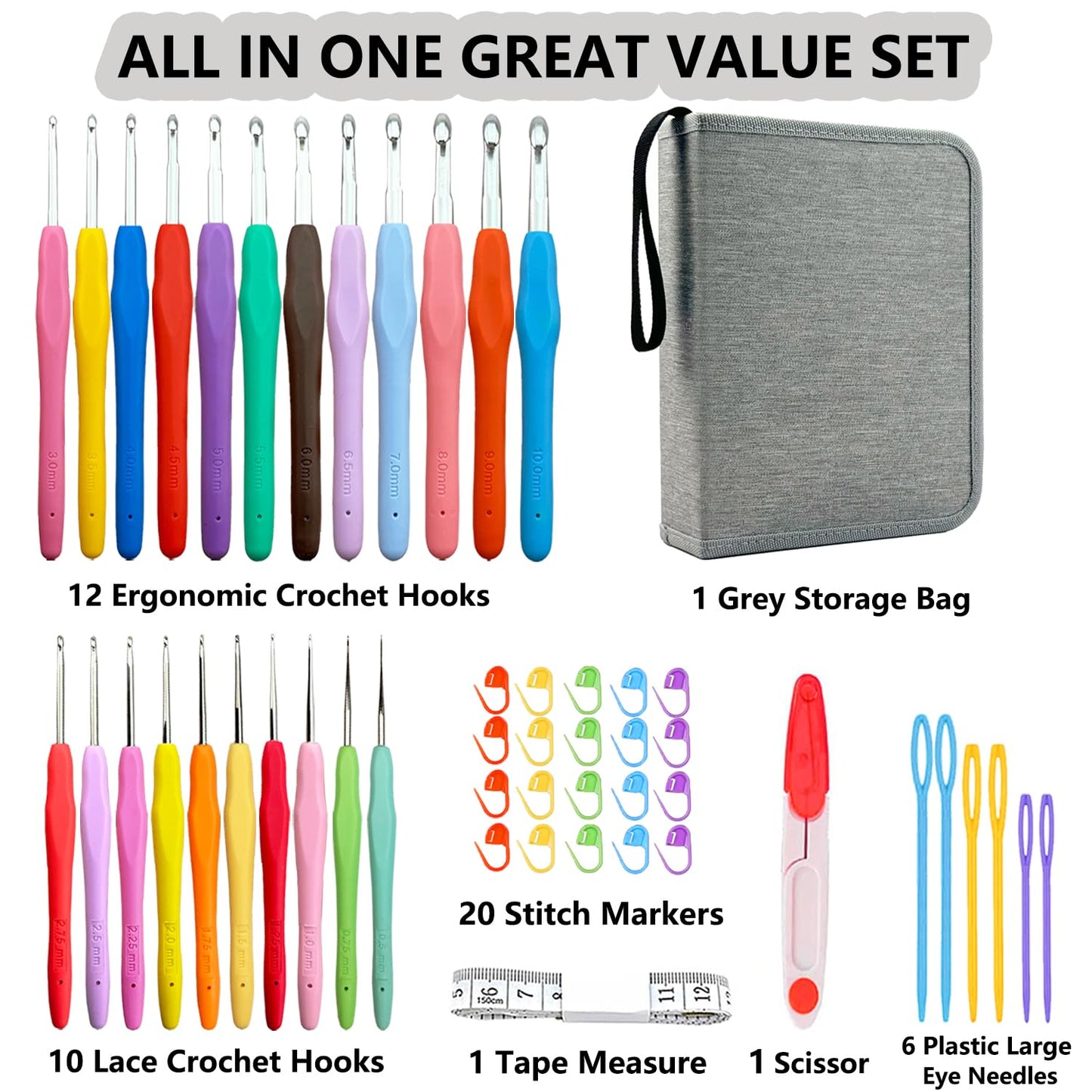 Hobekoee 22 Sizes Crochet Hooks Set with Grey Case,0.5mm-10mm Ergonomic Soft Handle Crochet Hook Needles Set for Arthritic Hands,Complete Crochet Set