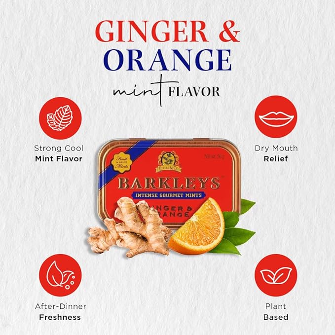 Barkleys Gourmet Ginger & Orange Breath Mints - Strong Ginger & Orange Flavor for Party, After Dinner, Wedding, Vegan Candy Mints In Reusable Classic Travel Tins, 6 Pack - 50 Count Each