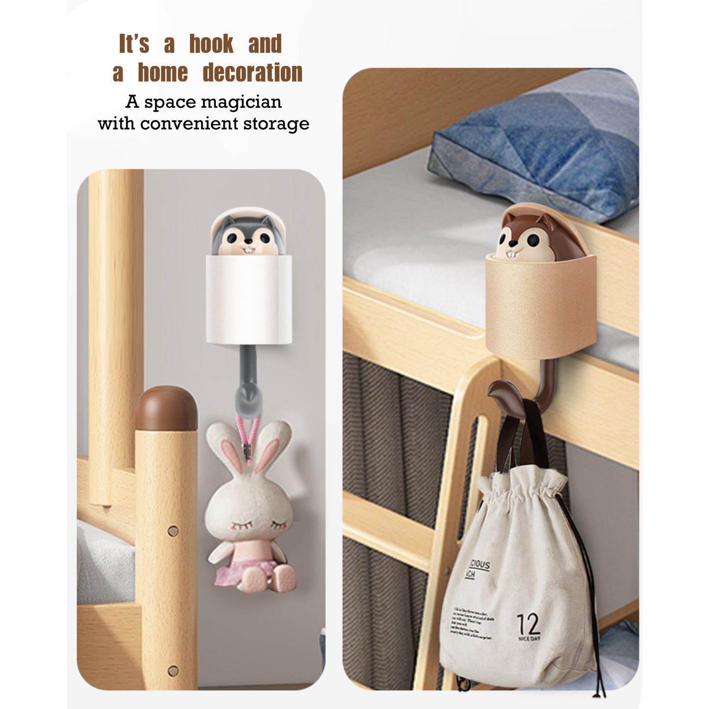 GCFTIFF 2 Pcs Creative Squirrel Cute Pet Key Holder wall Mount, Keychain Command Hooks,siding Hooks,Hook for Coat, Scarf, Hat, Towel, Bag, Utility Hook for Wall Hanging Decorations (Coffee&Gray)