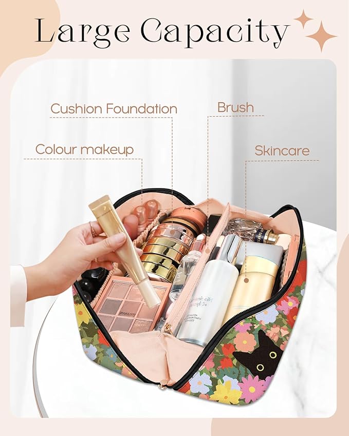Bistup Makeup Bag Travel Cosmetic Bag Toiletry Make Up Bags Cute Women Large Capacity Big Medium Leather Cat Flower Aesthetic Girl Teen Teenage Foldable Expandable Open Flat Zip