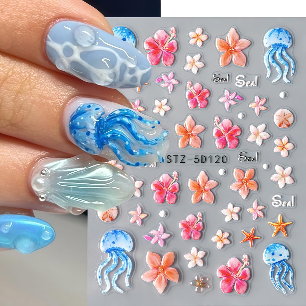 3 Sheets Flower Nail Art Stickers Decals 5D Self-Adhesive Nail Decals Spring/Summer Sea Style Designs, Self-Adhesive Decals for Women's Nail DIY Decoration