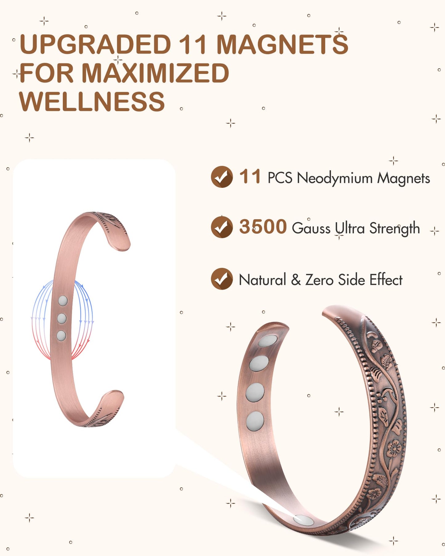 Feraco Copper Bracelet for Women, Ultra Strength Magnetic Bracelets, 99.99% Pure Copper Cuff Bangle with 3500 Gauss Neodymium Magnets, Adjustable