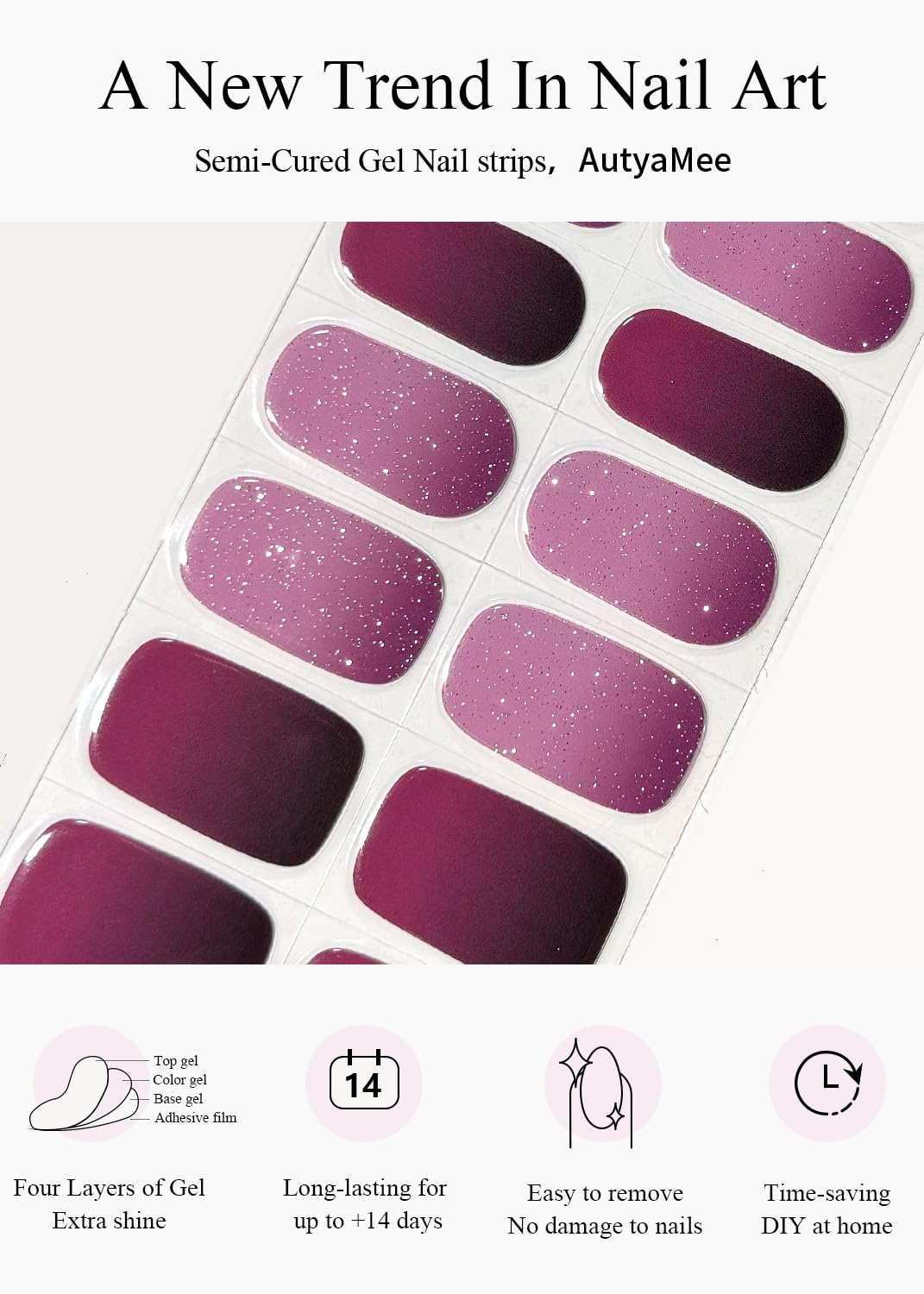 AutyaMee Semi Cured Gel Nail Strips (Glittery Purple), 20 Pcs Omber Gel Nail Wraps, Stickers, UV Light Required, Salon Quality