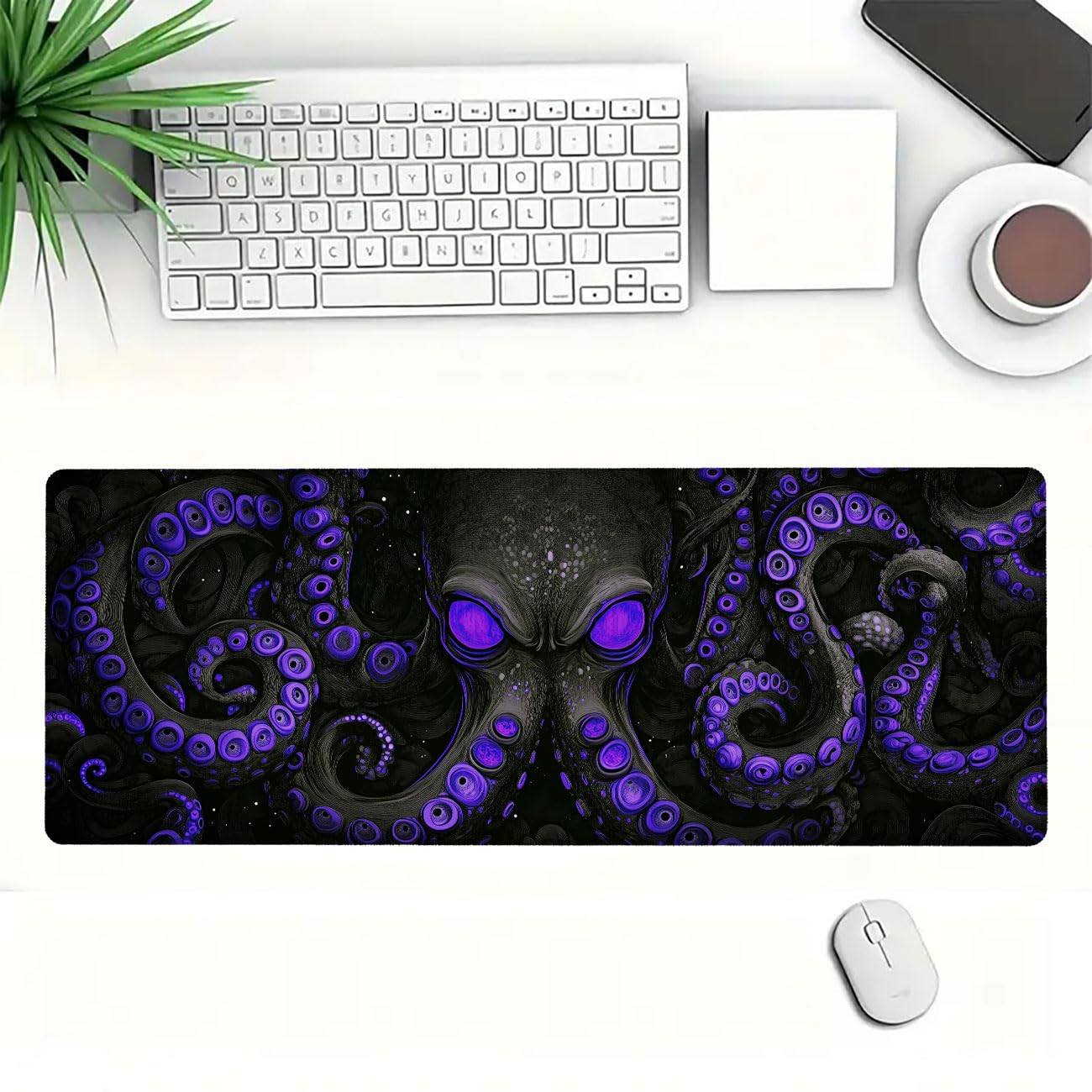 Octopus Gaming Mouse Pad, Black Purple Eye Monster Large Gaming Mouse Mat with Stitched Edges,Non-Slip Waterproof Rubber Base Mous Mat, XXL Extended Mouse Protector for Home Office, 31.5”x11.8”