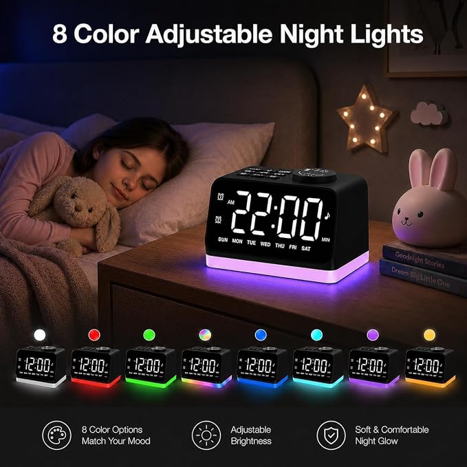 JALL Digital Alarm Clock with FM Radio for Bedroom, 8 Colors Night Light with 2 Charging Port, Sleep Sound Machines with Timer, Dual Alarm, Loud Alarm and Easy to Use for Seniors as Gift