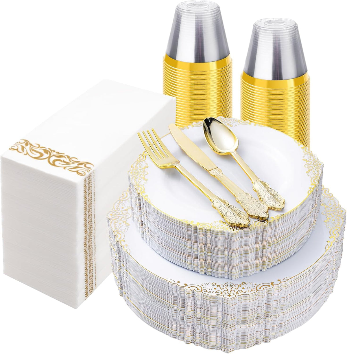 350PCS White and Gold Plastic Plates for 50 Guests, Disposable Dinnerware Set Includes 100 Disposable Plates, 150 Gold Silverware, 50 Cups, 50 Napkins for Party, Wedding