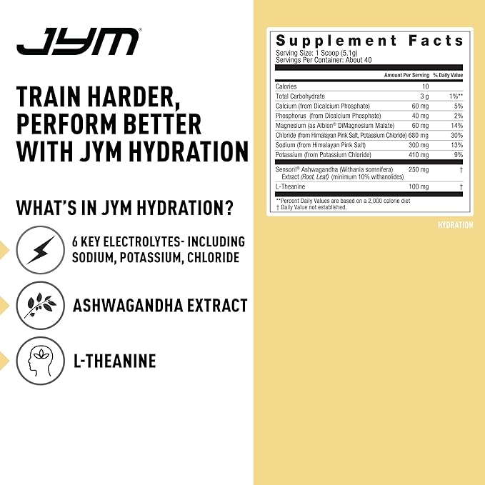 JYM Hydration Pina Colada Powder, Performance Electrolytes, Potassium, Sodium, Magnesium, for Men & Women, Theanine, Ashwaghanda, Theanine, 40 Servings
