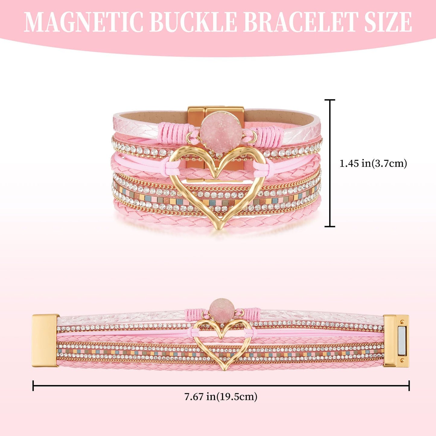 QIUTIMIY Leather Bracelets for Women Trendy Boho Cuff Bracelet Layered Bangle with Clasp Hand Wrist Jewelry Western(Style 6-Pink)