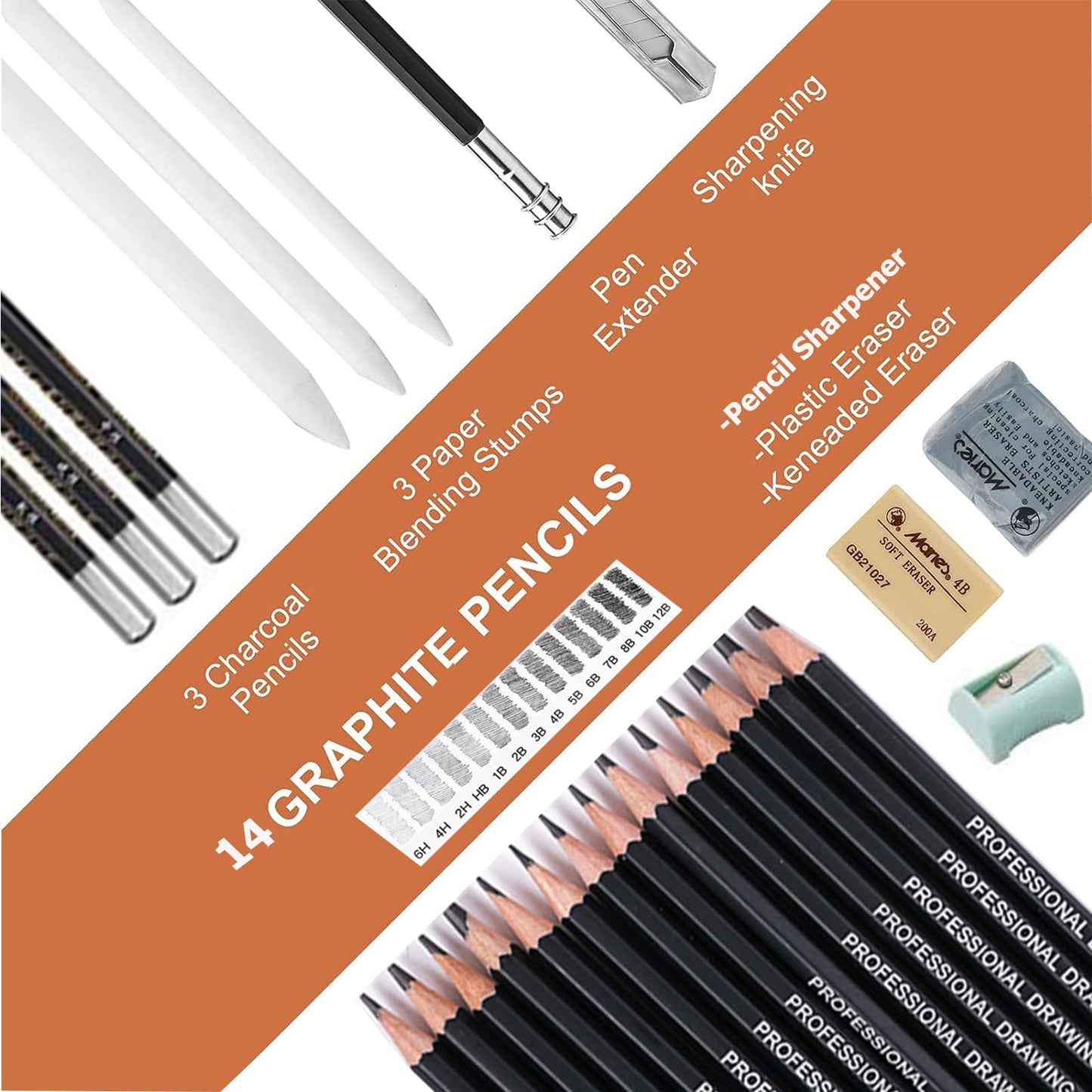 Drawing Pencils,24pcs Art kit with Graphite Pencils Sketching Pencil Set Include 12B 10B 8B 7B 6B 5B 4B 3B 2B B HB 2H 4H 6H, Charcoal Pencils.Pencil Case for Beginner Artists Adults and Children