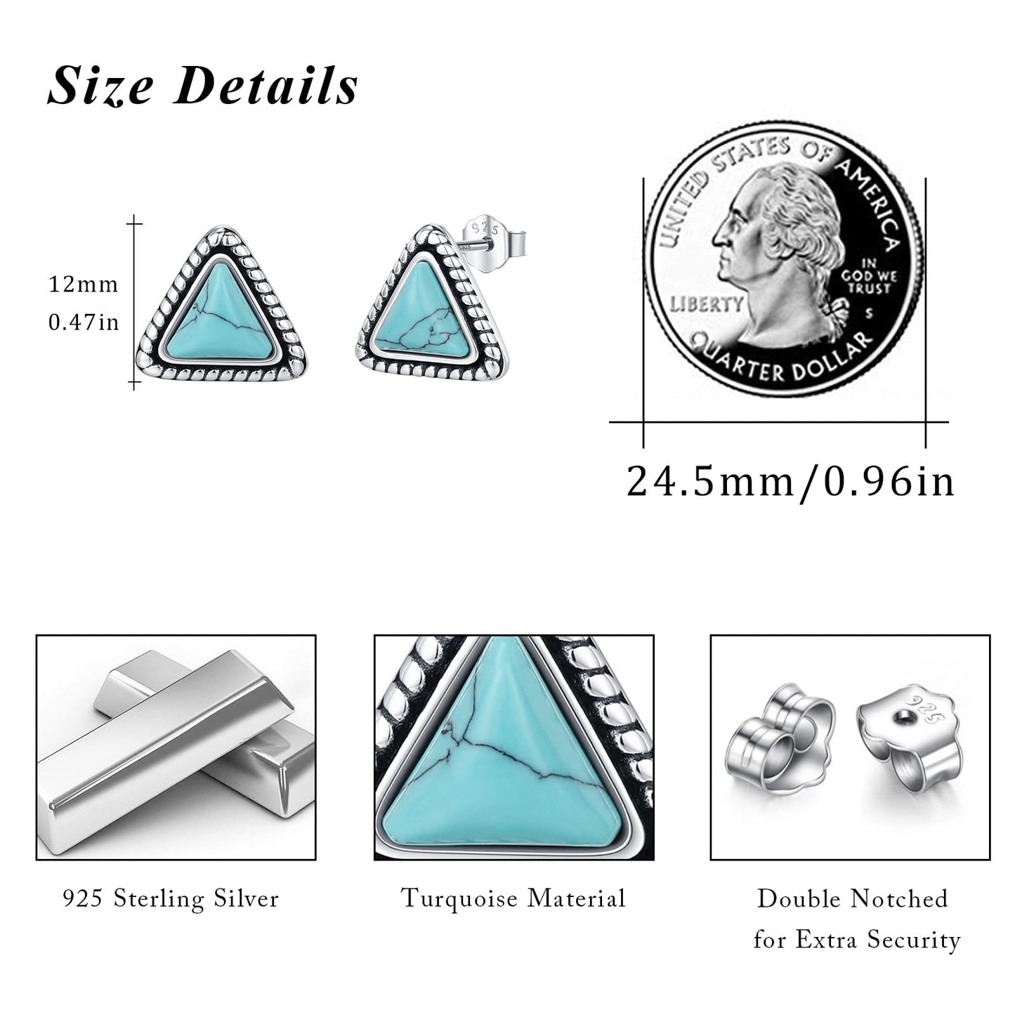 AOVEAO Triangular Turquoise Stud Earrings S925 Sterling Silver Vintage Braids Blue Gemstone Bohemian Ethnic Tribal Jewelry for Women Graduation