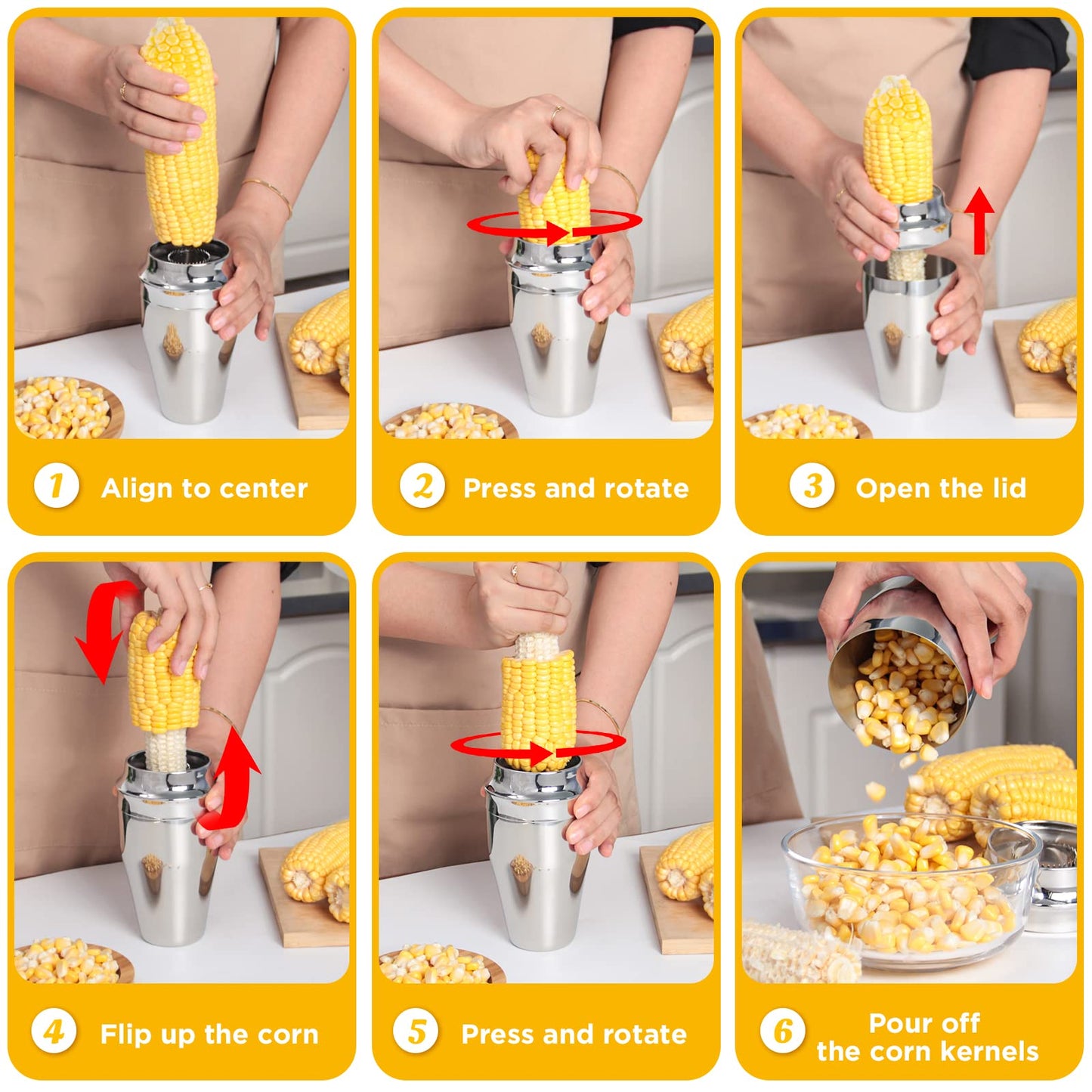 YYP Corn Cutter Peeler, Corn Cob Stripper with Cup [No Splatters or Mess], 304 Stainless Steel Corn on the Cob Remover Kitchen Tool, Corn Kernel Shucker Separator Slicer with Serrated Sharp Blade
