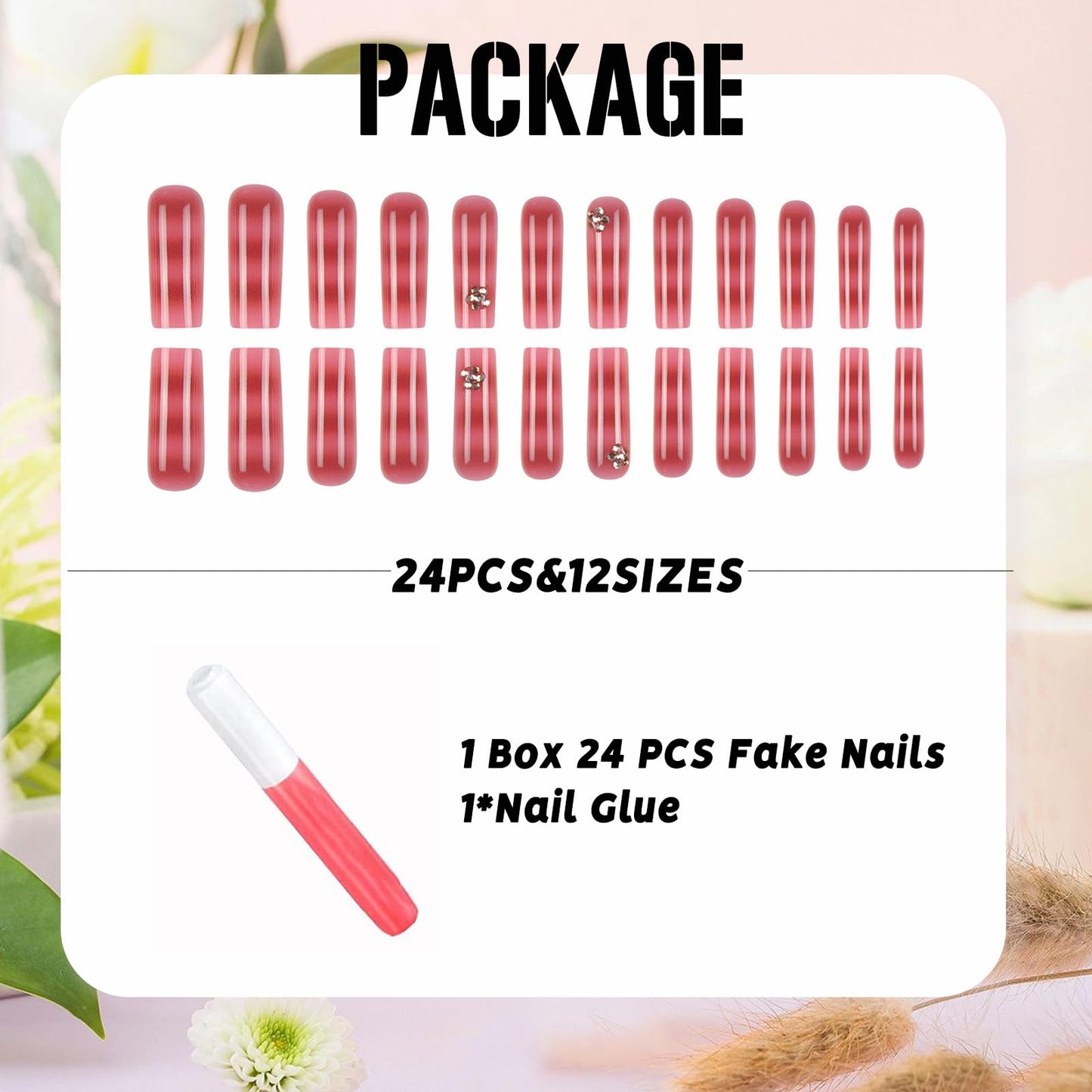 IMSOHOT Long Press on Nails Square Fake Nails Pink Red Ombre Artificial False Nails Full Cover Handmade Acrylic Glossy Nail Supplies for Women 24Pcs