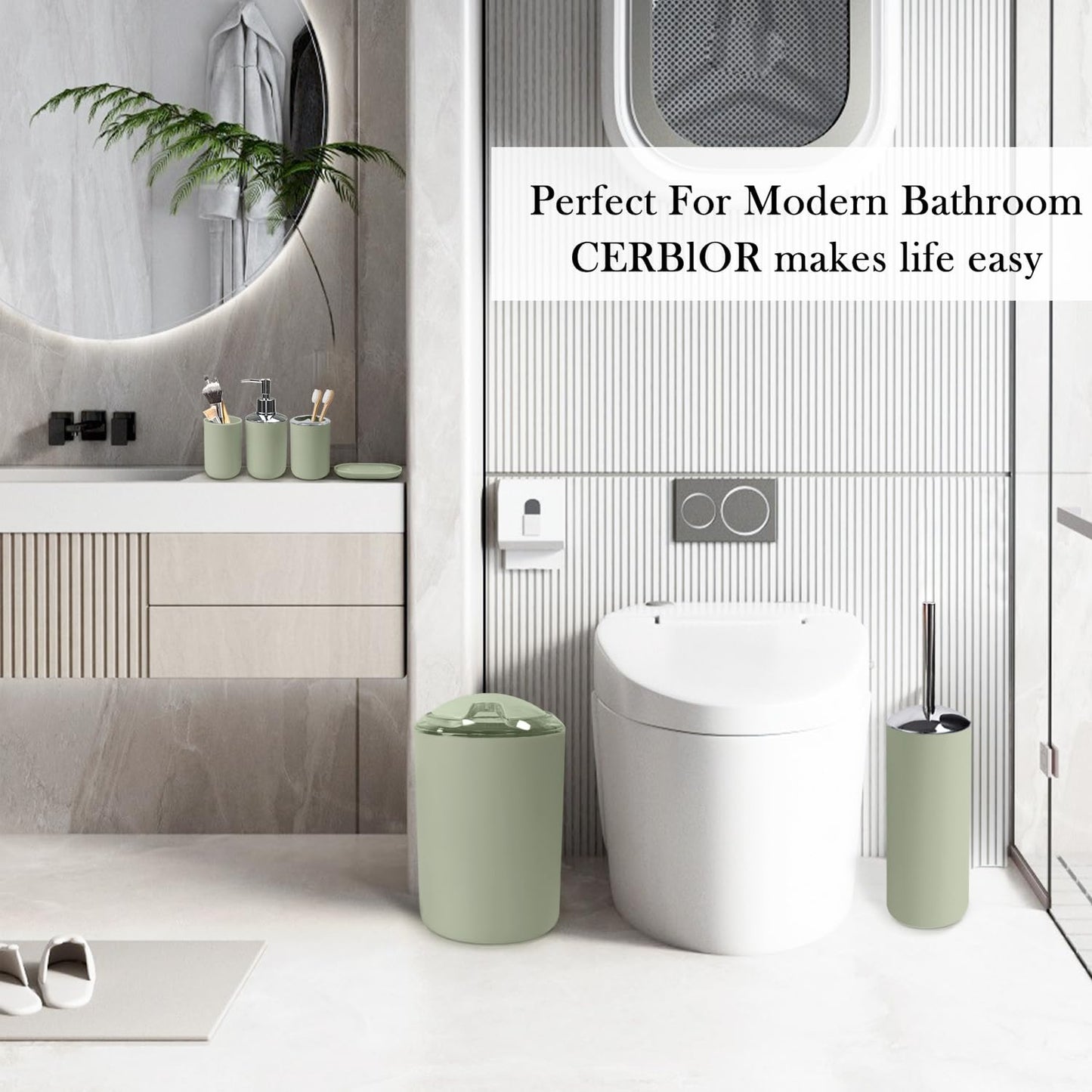 CERBIOR Bathroom Accessories Set 6 Piece Bath Ensemble Includes Soap Dispenser, Toothbrush Holder, Toothbrush Cup, Soap Dish for Decorative Countertop and Housewarming Gift (Green)