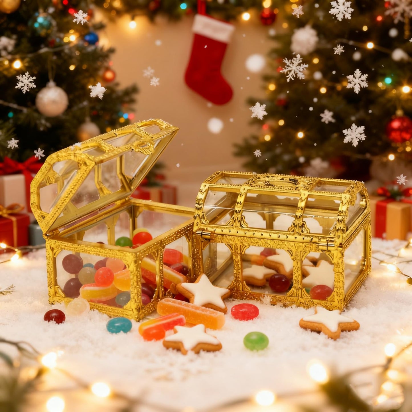 HAN SHENG 12 Pack Plastic Treasure Chest Candy Boxes - 2.9"x2.0" Transparent Empty Gift Favor Boxes for Wedding, Christmas, Birthday Party (Gold)