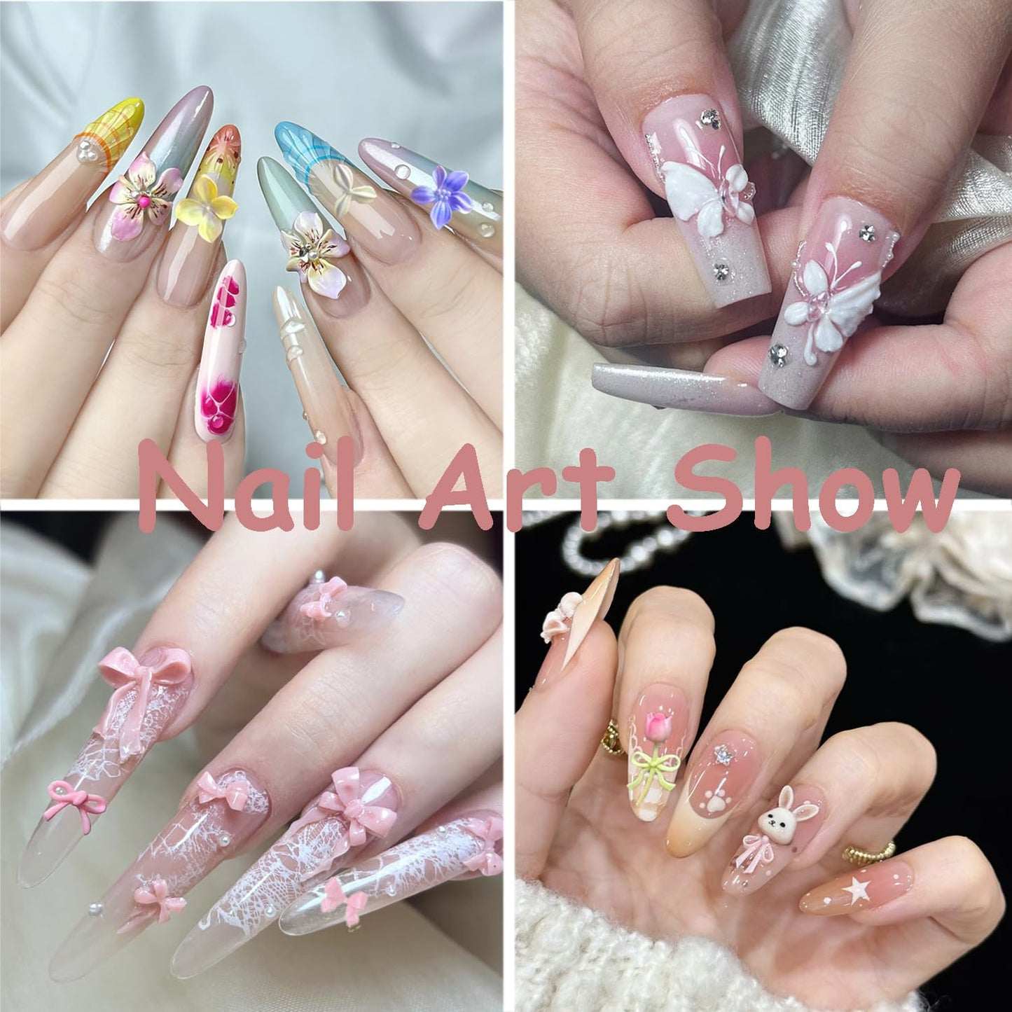 4pcs Silicone Nail Art Molds 3D Multiple Shapes Flowers Ribbon Lace Bows Bunny Butterfly Charm Molds with Carving Pen Clear Modeling Templates Manicure Tools for DIY Salon Nail Design