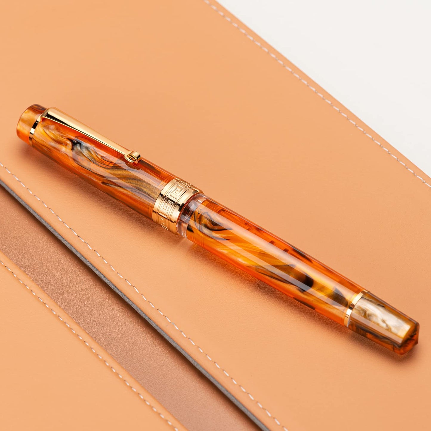 Asvine P20 Piston Fountain Pen Amber Resin, Iridium Extra Fine Nib Gold Trim Smooth Writer Collection with Case Set